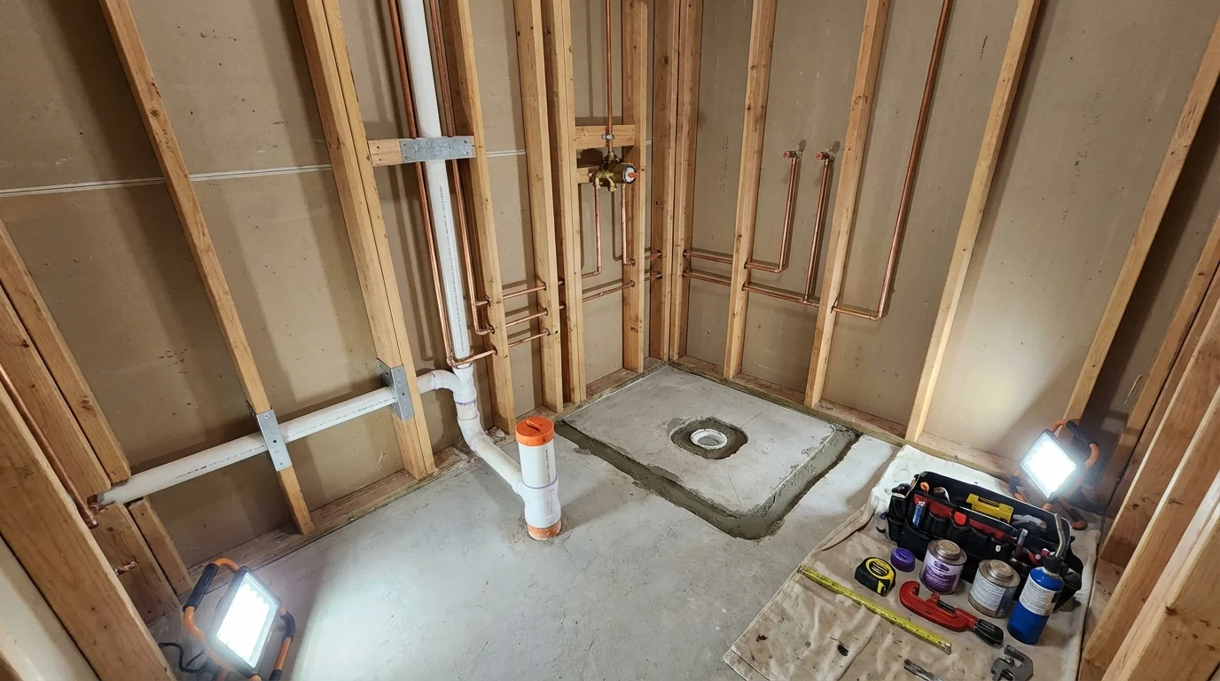 Bathroom rough-in plumbing during remodel by Johns Plumbing LLC in Union Grove