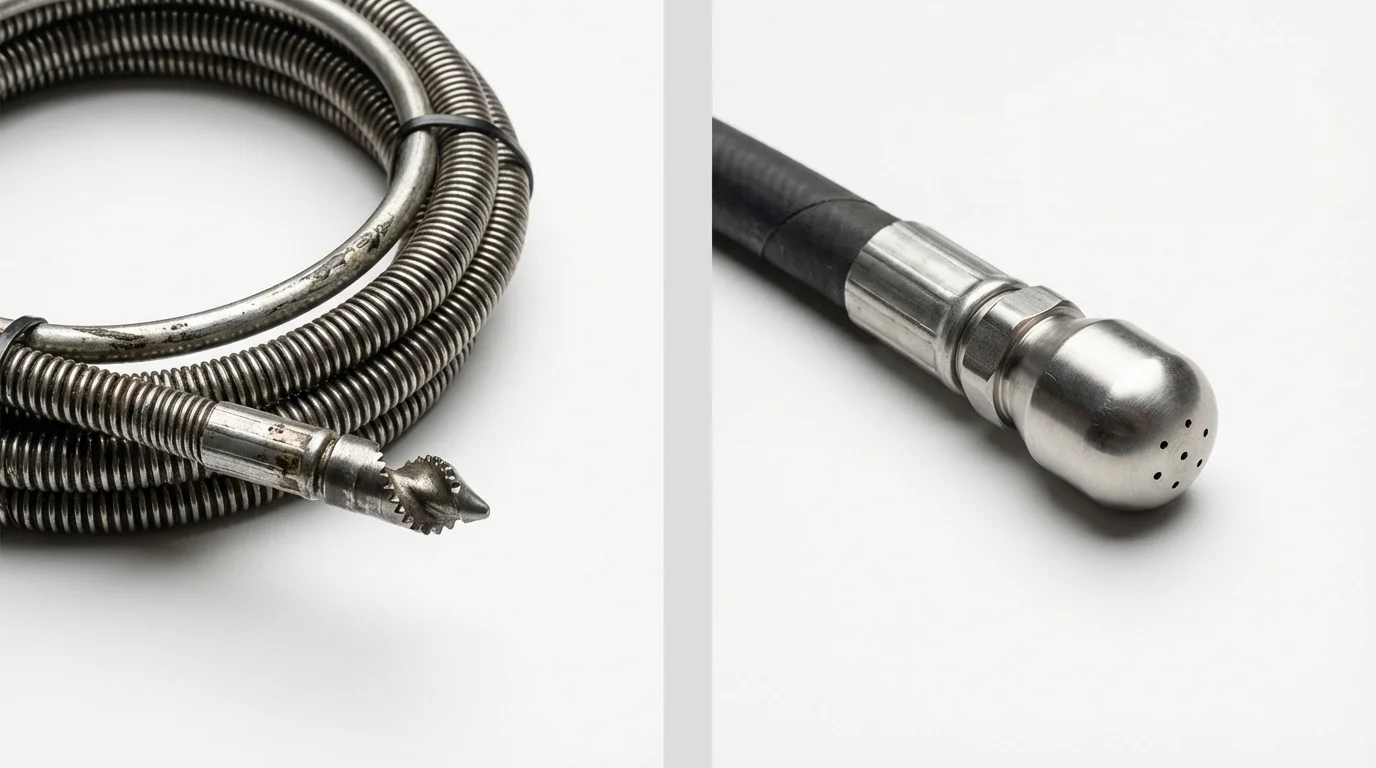 Drain snake cable and hydro jetting nozzle used for drain cleaning in Union Grove, WI