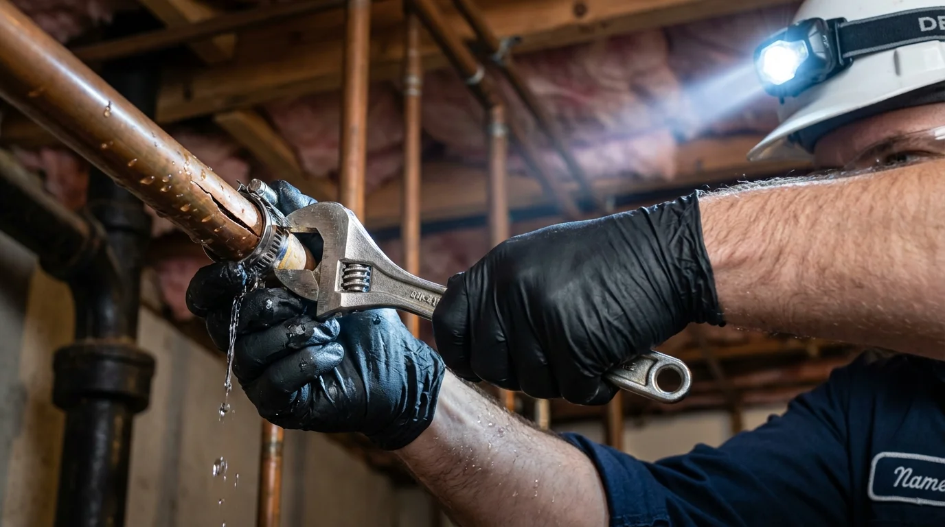 Emergency pipe clamp repair being performed by a Johns Plumbing LLC plumber in Union Grove