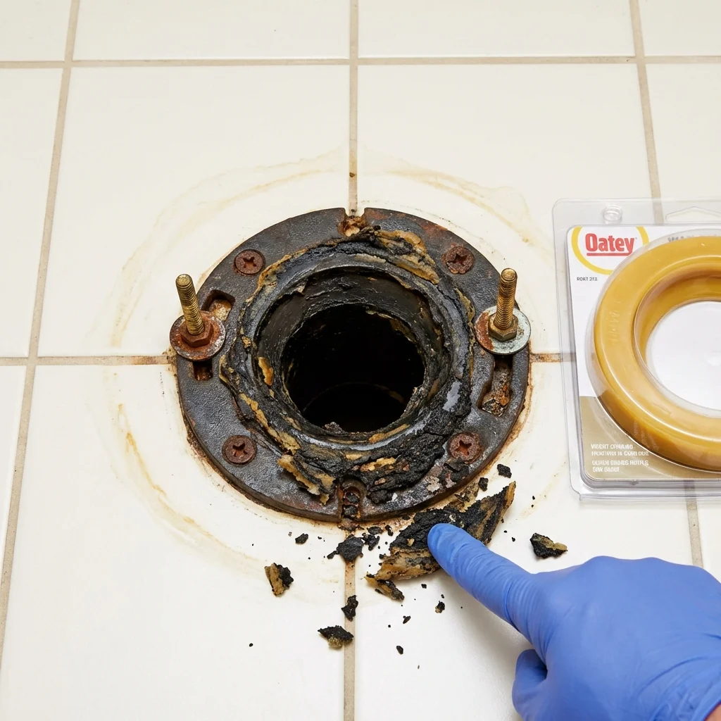 Failed wax ring showing water seepage at the base of a toilet in a Union Grove, WI home