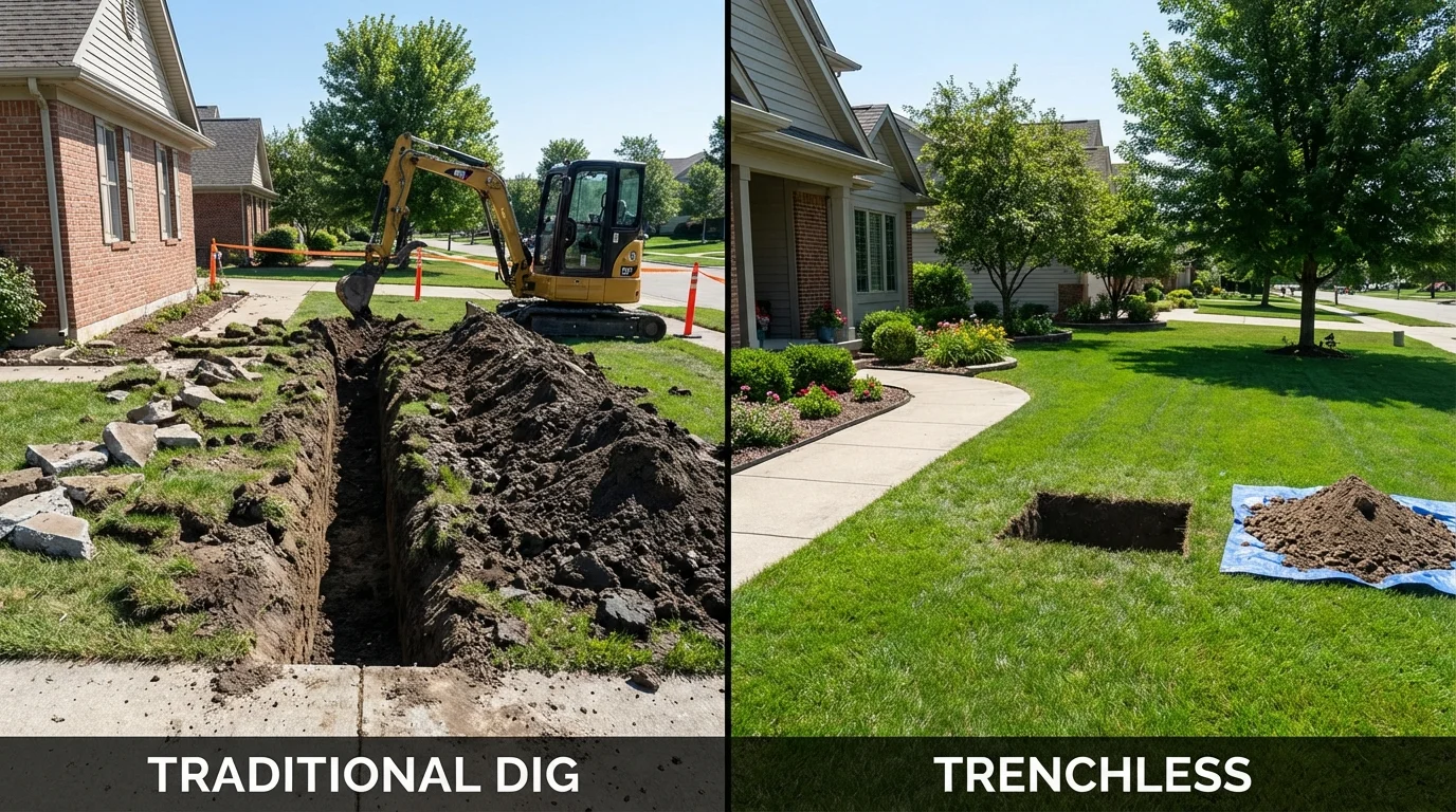 Trenchless sewer repair with minimal yard damage versus traditional excavation in Union Grove, WI
