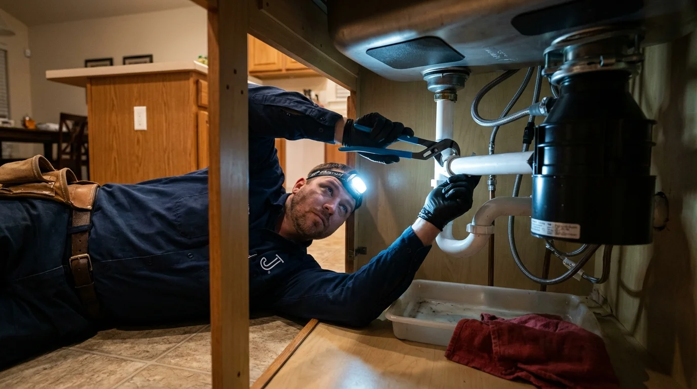 P-trap and supply line connections under a kitchen sink showing a common leak point in Union Grove, WI
